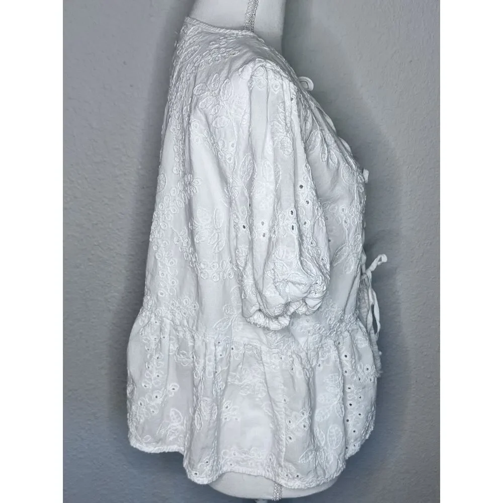 ASTR The Label White Tie Eyelet Blouse Size XL Fits Like Medium Cottagecore Boho